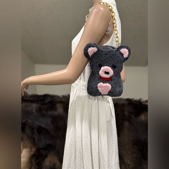 Gray Teddy Bear Purse, Handmade Colorblock Real Shearling Crossbody/Phone Pouch - Picture 5 of 16